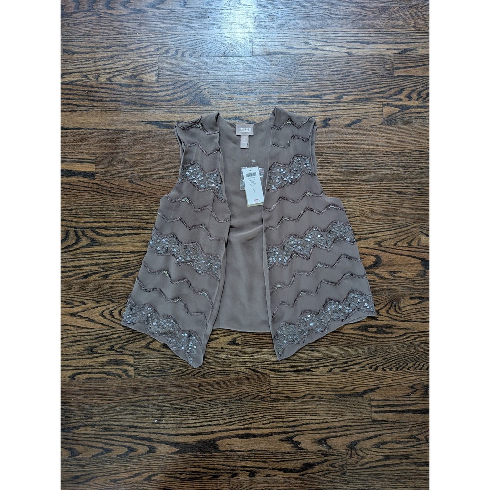 NEW! Chicos Embellished Jewled Luna Vest Solid Texas Taupe Womens Size 1 medium